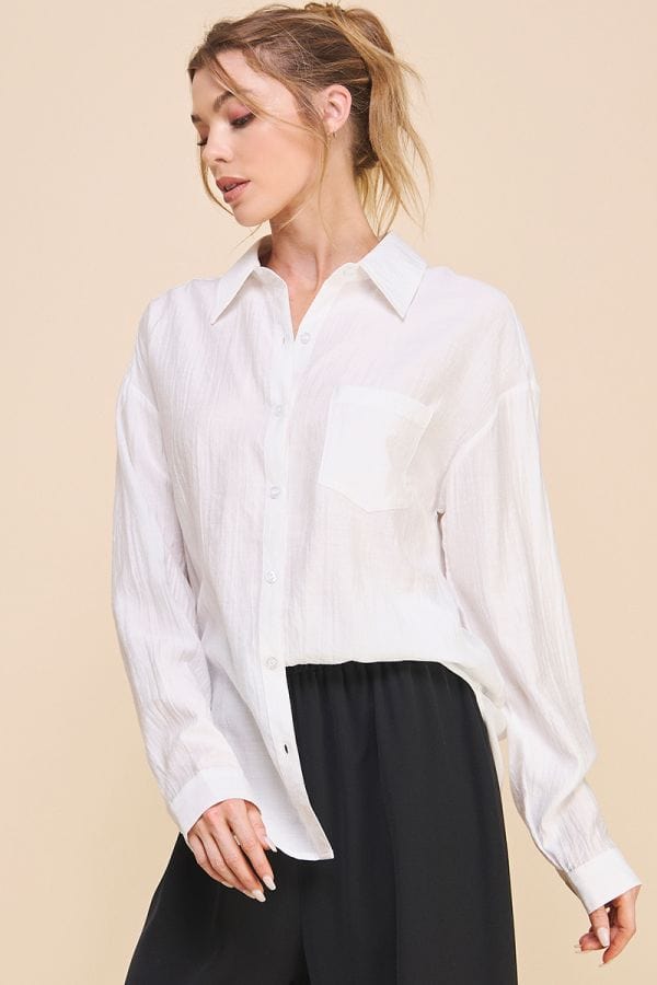Allie Rose Easy Textured Woven Button Front Shirt With Pockets