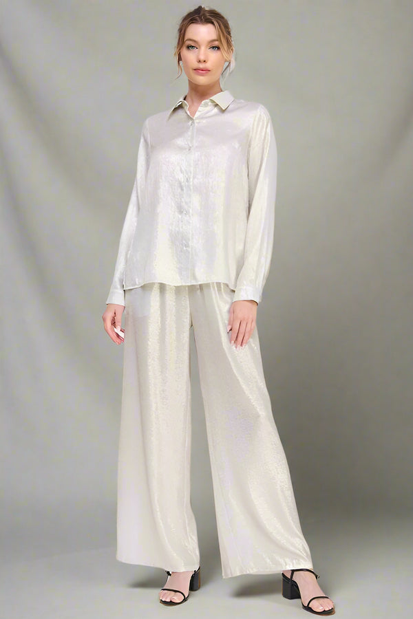 Allie Rose Elastic Drawstring Waist Metallic Brushed Satin Flowy Pants