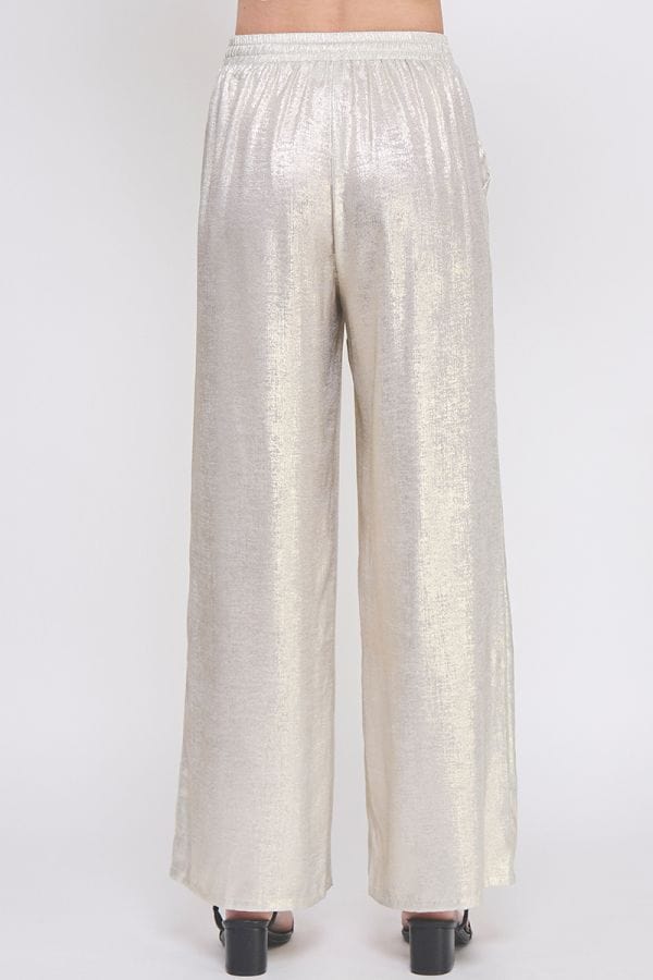 Allie Rose Elastic Drawstring Waist Metallic Brushed Satin Flowy Pants