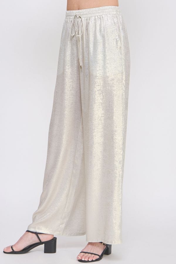 Allie Rose Elastic Drawstring Waist Metallic Brushed Satin Flowy Pants