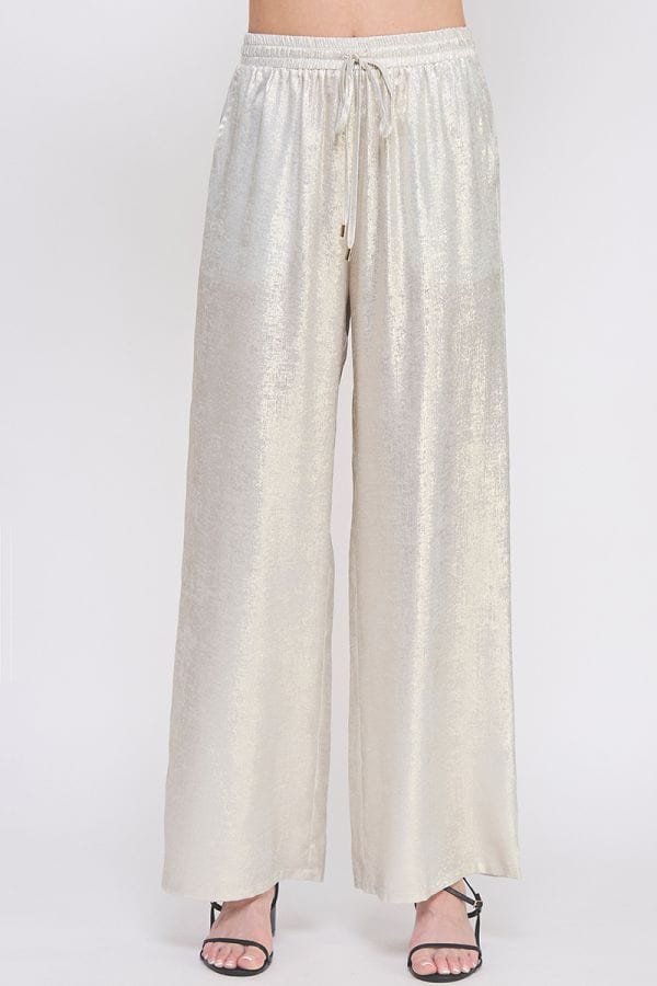 Allie Rose Elastic Drawstring Waist Metallic Brushed Satin Flowy Pants