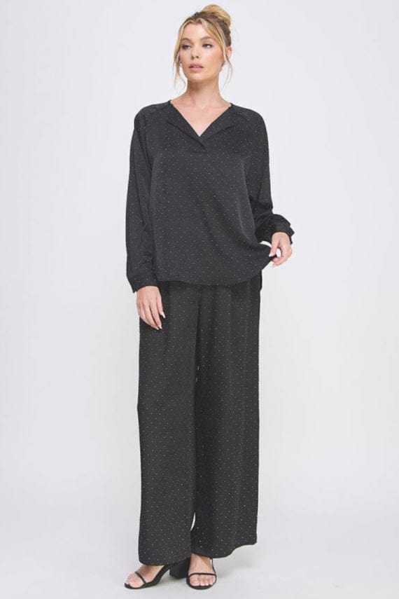 Allie Rose Embellished Crinkle Satin Soft Wide Leg Pant with Pockets and Comfort Elastic Back Waist