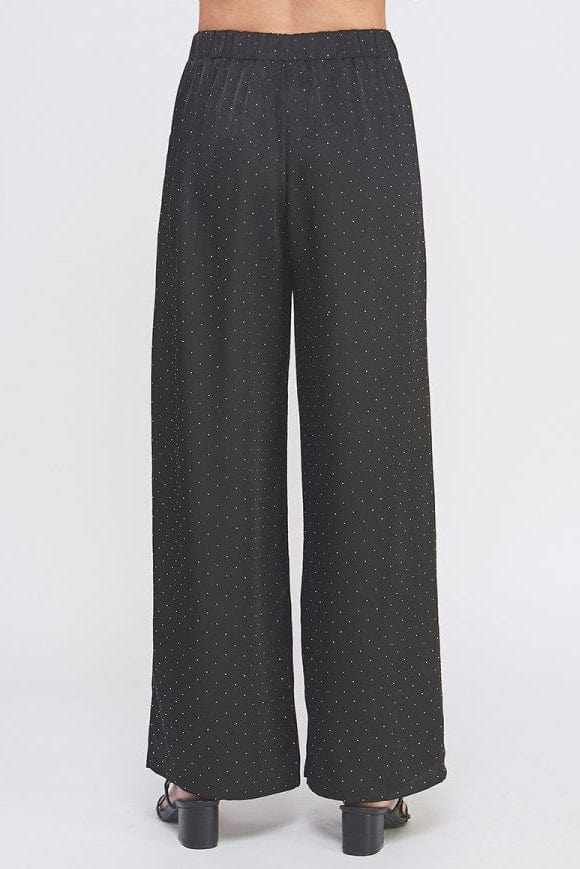 Allie Rose Embellished Crinkle Satin Soft Wide Leg Pant with Pockets and Comfort Elastic Back Waist