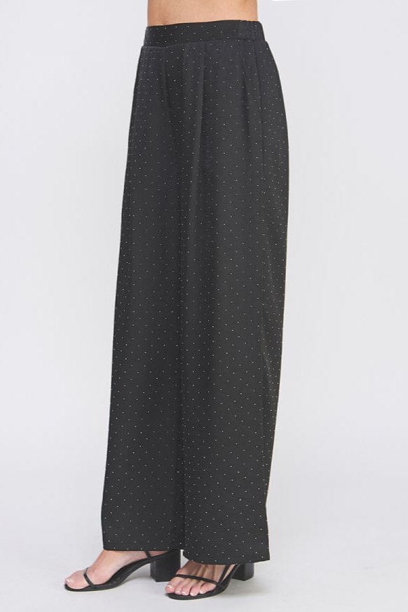 Allie Rose Embellished Crinkle Satin Soft Wide Leg Pant with Pockets and Comfort Elastic Back Waist