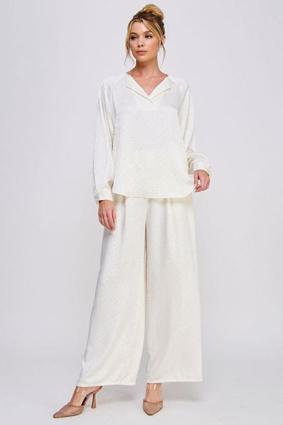 Allie Rose Embellished Crinkle Satin Soft Wide Leg Pant with Pockets and Comfort Elastic Back Waist