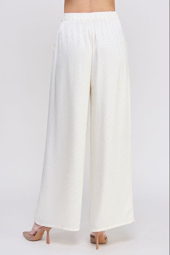 Allie Rose Embellished Crinkle Satin Soft Wide Leg Pant with Pockets and Comfort Elastic Back Waist