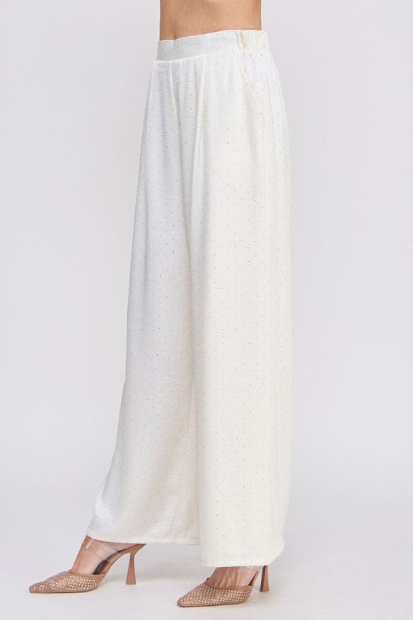 Allie Rose Embellished Crinkle Satin Soft Wide Leg Pant with Pockets and Comfort Elastic Back Waist