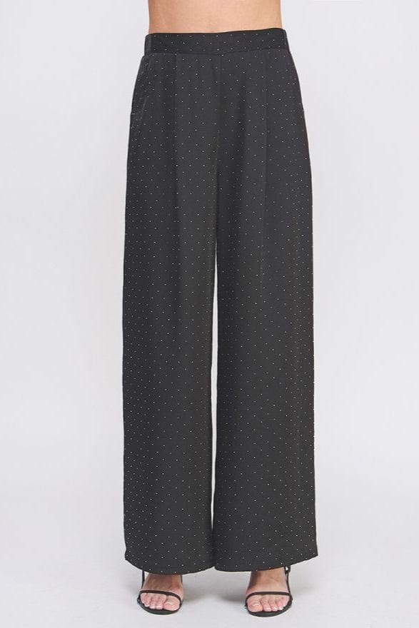Allie Rose Embellished Crinkle Satin Soft Wide Leg Pant with Pockets and Comfort Elastic Back Waist