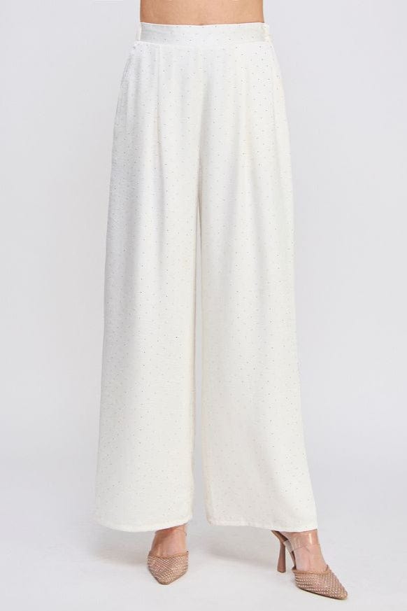 Allie Rose Embellished Crinkle Satin Soft Wide Leg Pant with Pockets and Comfort Elastic Back Waist