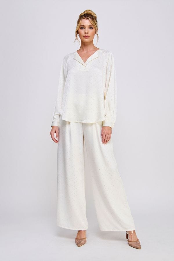 Allie Rose Embellished Crinkle Satin Split V Neck Cuffed Long Sleeve Raglan Blouse