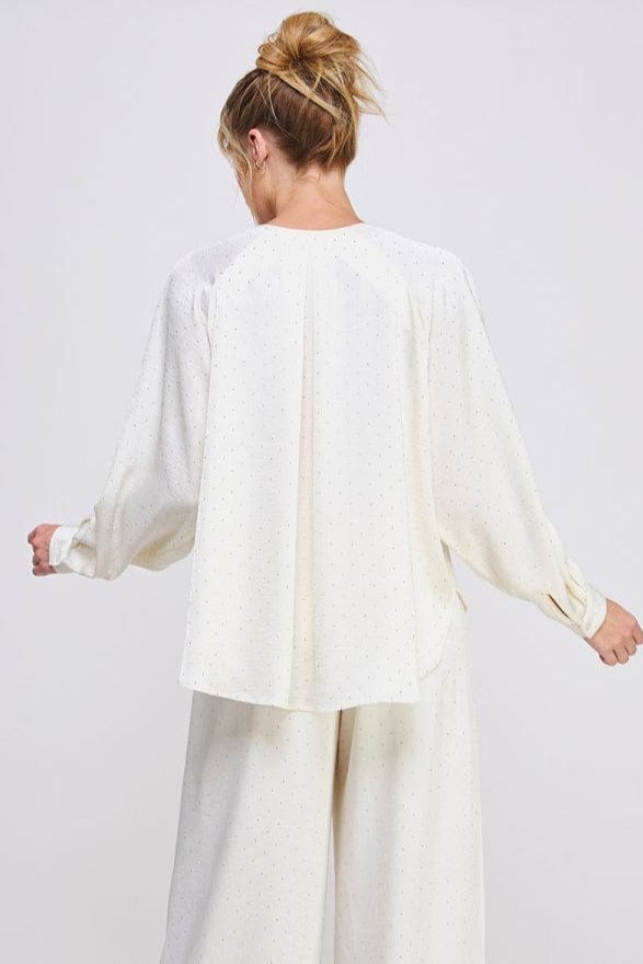 Allie Rose Embellished Crinkle Satin Split V Neck Cuffed Long Sleeve Raglan Blouse