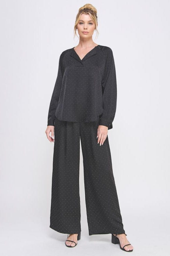 Allie Rose Embellished Crinkle Satin Split V Neck Cuffed Long Sleeve Raglan Blouse