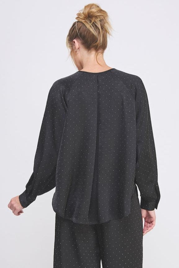 Allie Rose Embellished Crinkle Satin Split V Neck Cuffed Long Sleeve Raglan Blouse