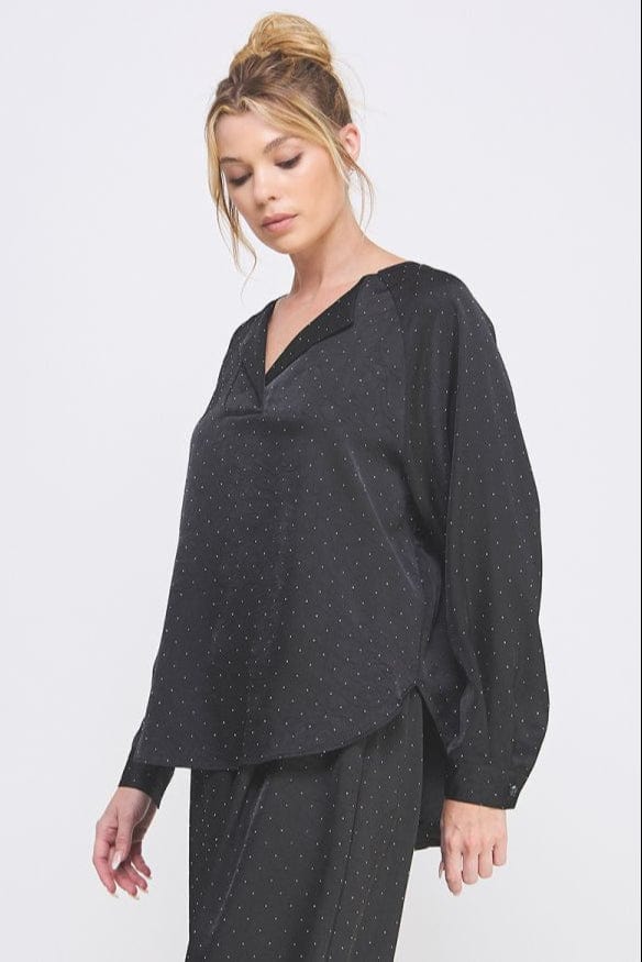 Allie Rose Embellished Crinkle Satin Split V Neck Cuffed Long Sleeve Raglan Blouse
