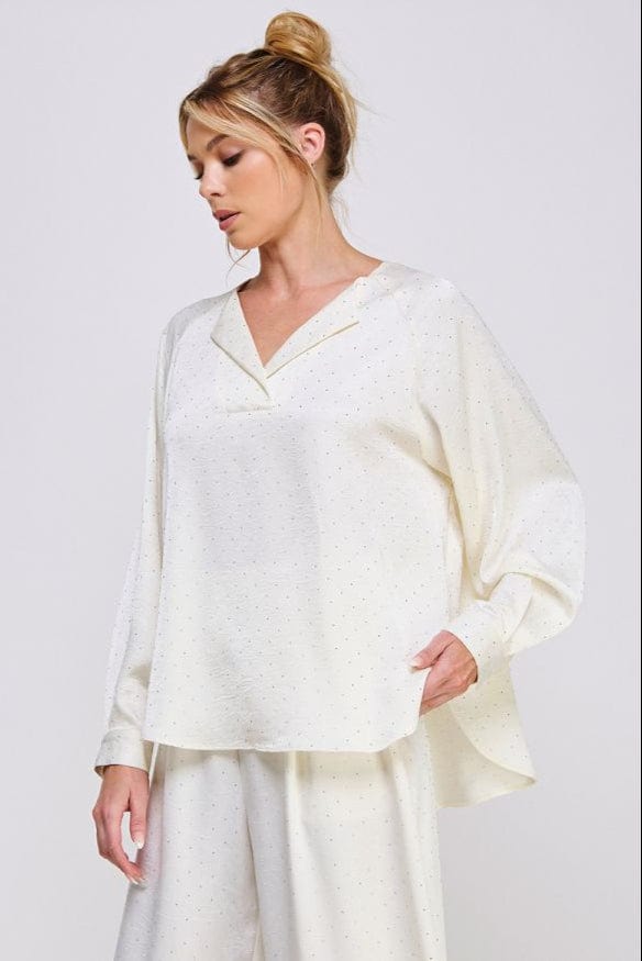 Allie Rose Embellished Crinkle Satin Split V Neck Cuffed Long Sleeve Raglan Blouse