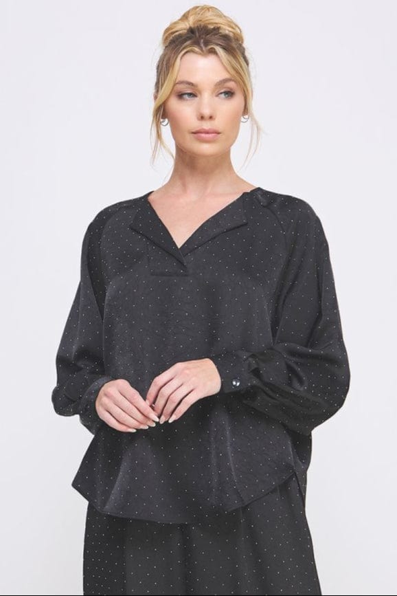 Allie Rose Embellished Crinkle Satin Split V Neck Cuffed Long Sleeve Raglan Blouse
