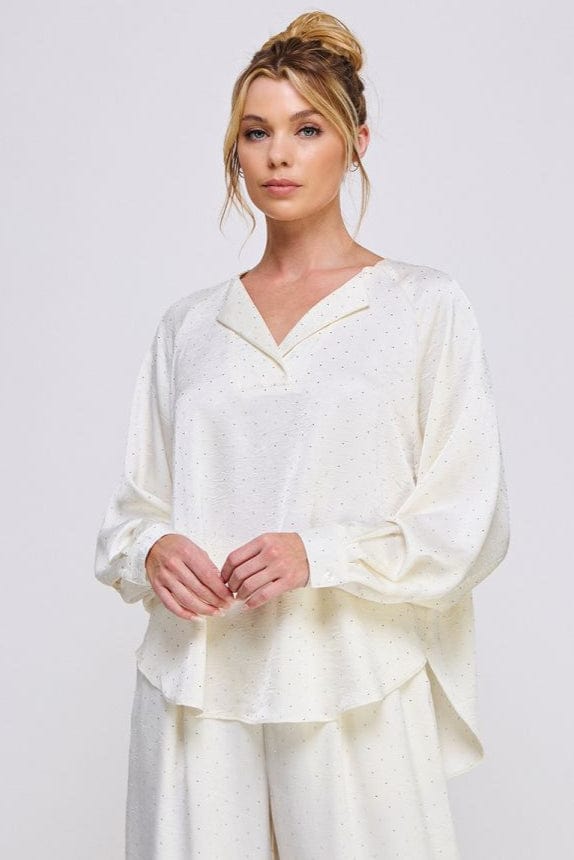 Allie Rose Embellished Crinkle Satin Split V Neck Cuffed Long Sleeve Raglan Blouse