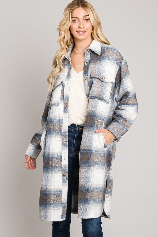 Allie Rose Long Soft Flannel Collared Button Front Jacket Shacket