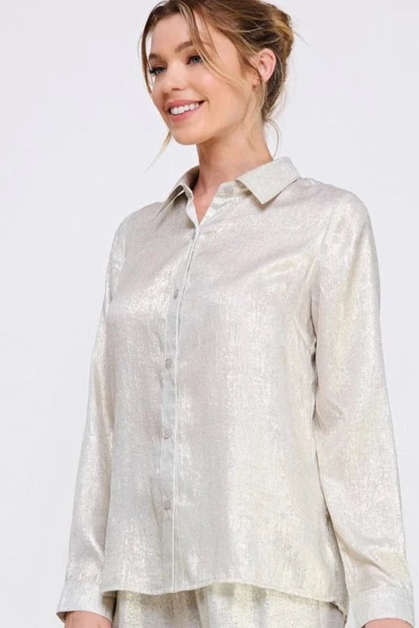 Allie Rose Metallic Long Sleeve Brushed Satin Button Front Shirt