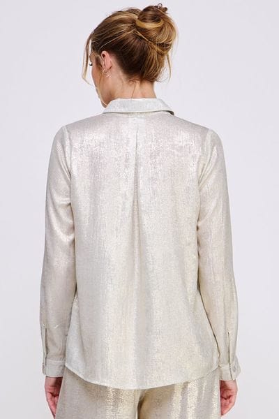 Allie Rose Metallic Long Sleeve Brushed Satin Button Front Shirt