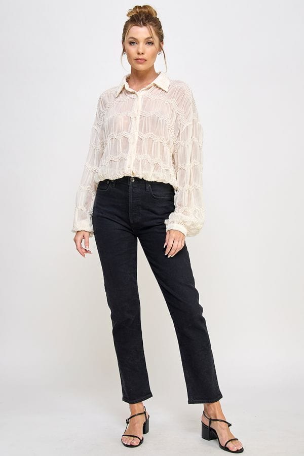 Allie Rose Romantic Sheer Long Sleeve Chevron Textured Button Front Top