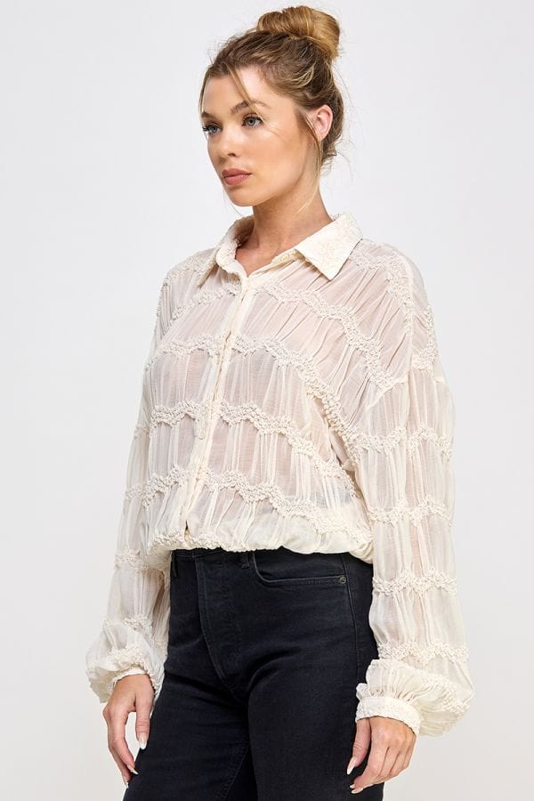 Allie Rose Romantic Sheer Long Sleeve Chevron Textured Button Front Top
