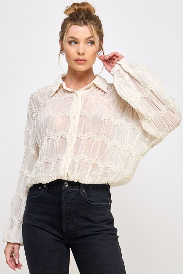 Allie Rose Romantic Sheer Long Sleeve Chevron Textured Button Front Top