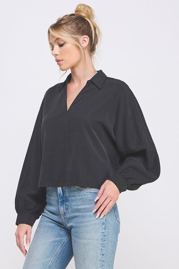 Allie Rose Short Dolman Collared Blouse with Collared Split V-Neckline