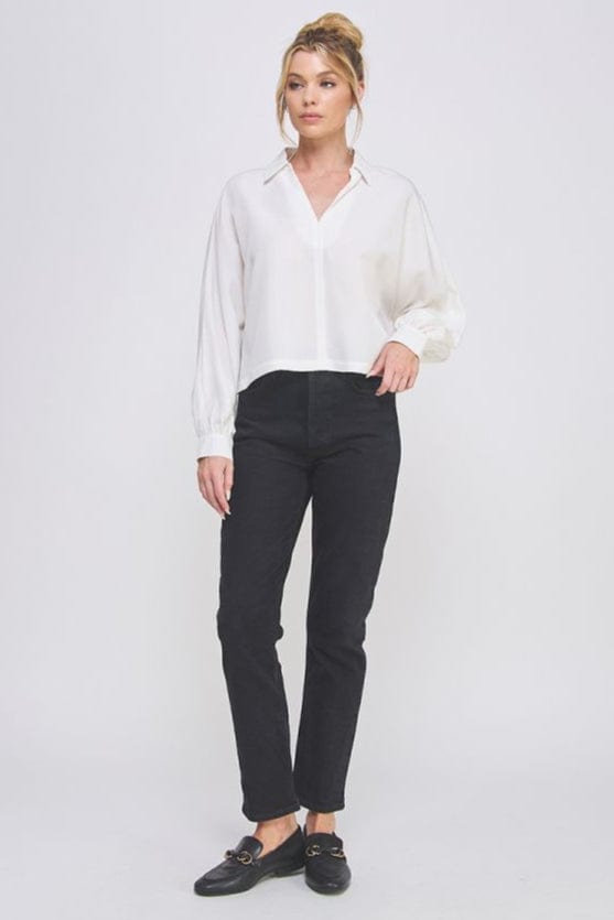 Allie Rose Short Dolman Collared Blouse with Collared Split V-Neckline