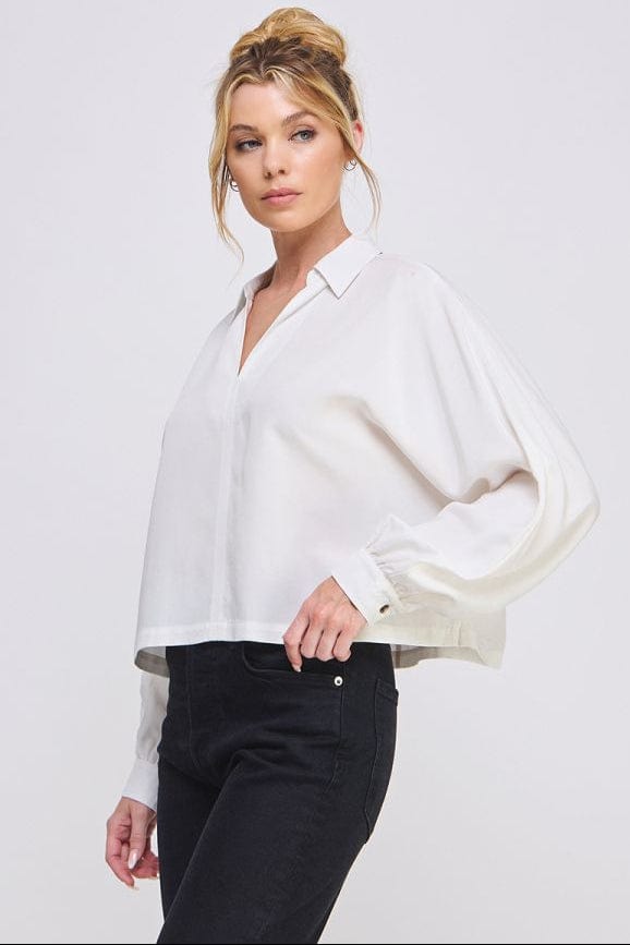 Allie Rose Short Dolman Collared Blouse with Collared Split V-Neckline