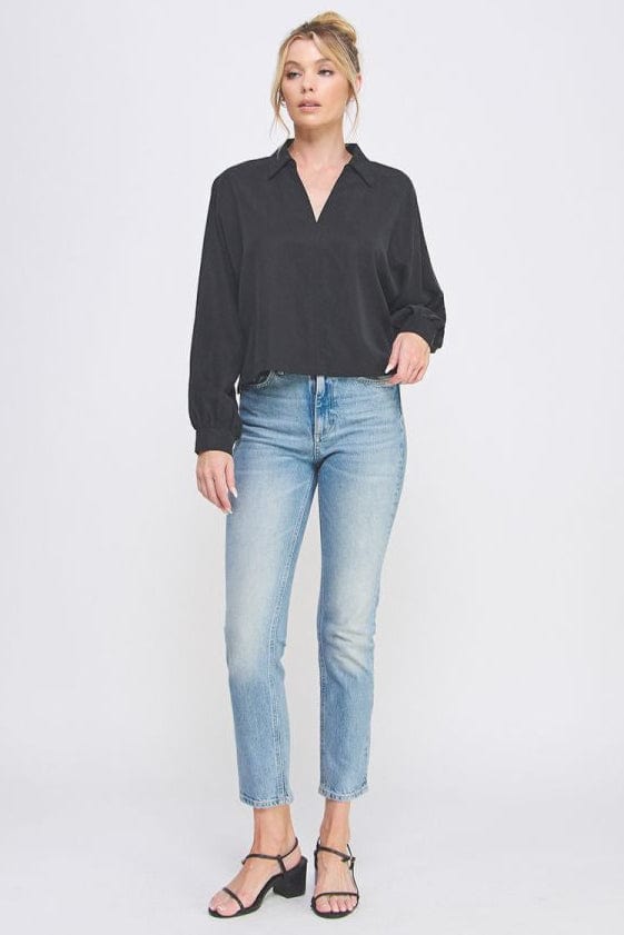 Allie Rose Short Dolman Collared Blouse with Collared Split V-Neckline