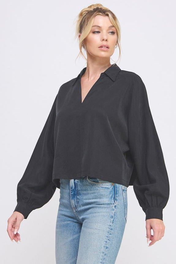 Allie Rose Short Dolman Collared Blouse with Collared Split V-Neckline
