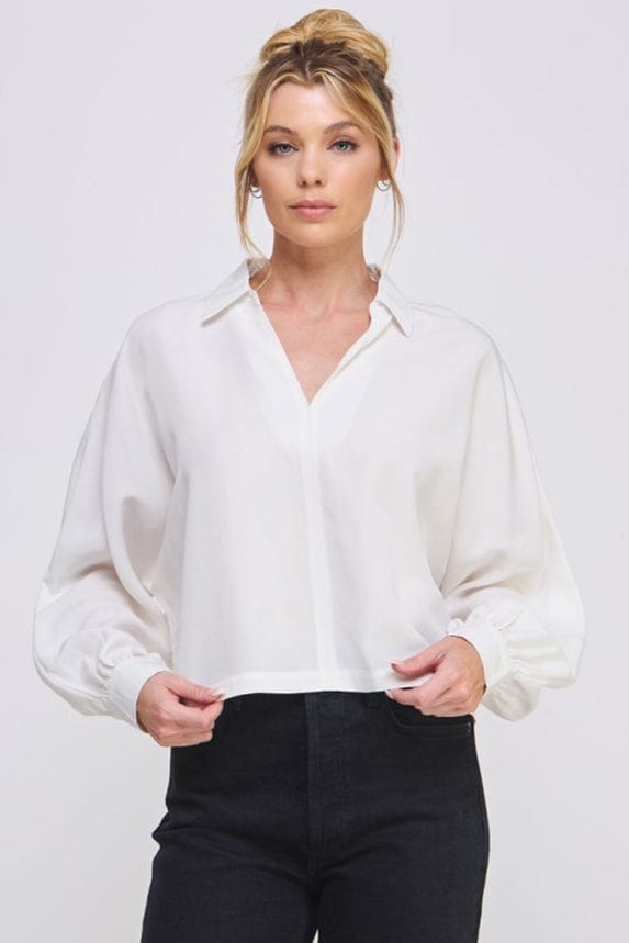 Allie Rose Short Dolman Collared Blouse with Collared Split V-Neckline
