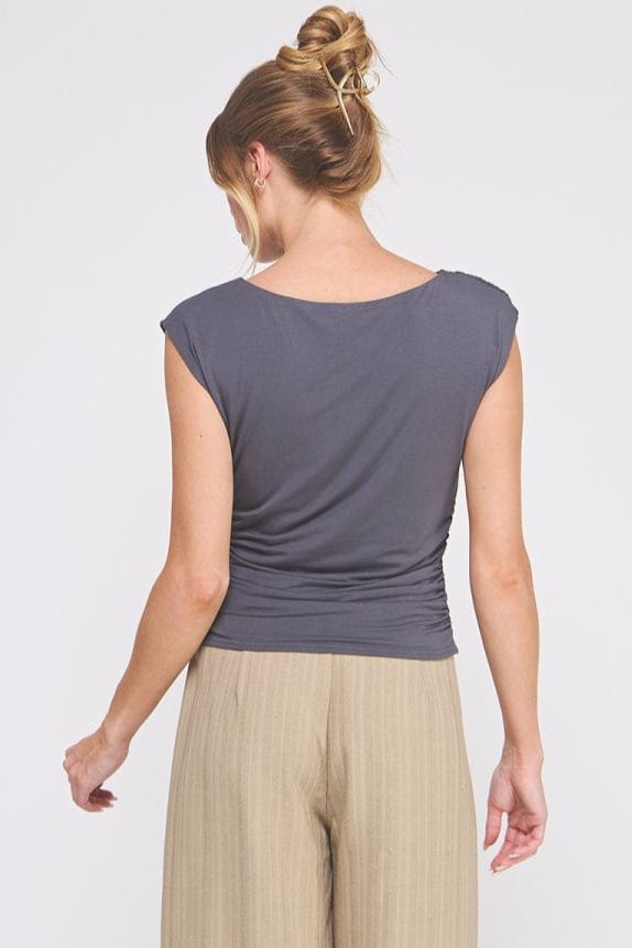 Allie Rose Soft Double Knit Boat Neck Tank with Ruched Sides