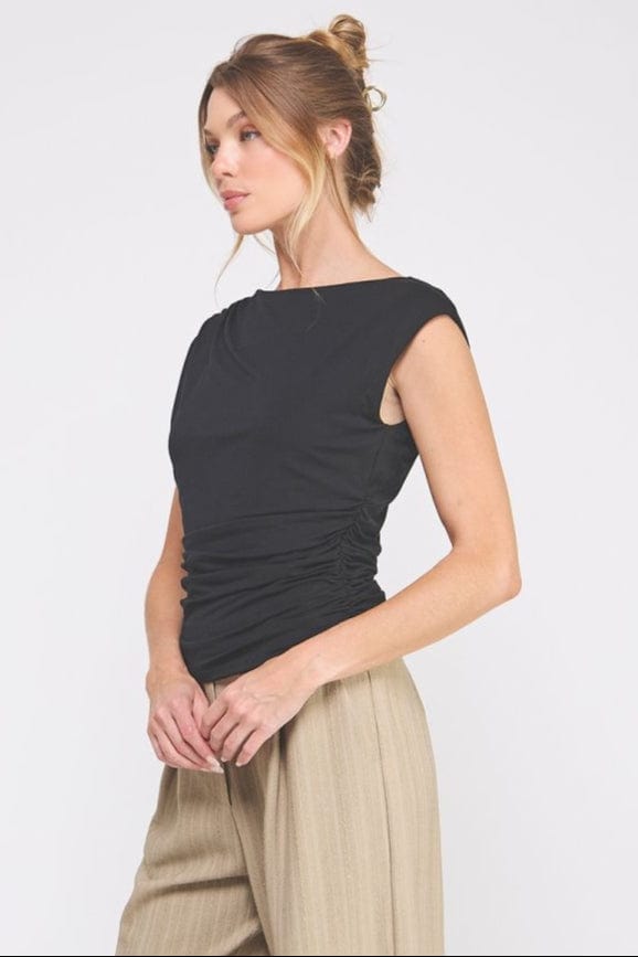 Allie Rose Soft Double Knit Boat Neck Tank with Ruched Sides