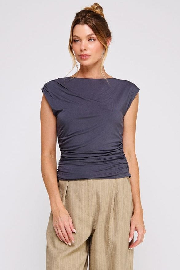 Allie Rose Soft Double Knit Boat Neck Tank with Ruched Sides