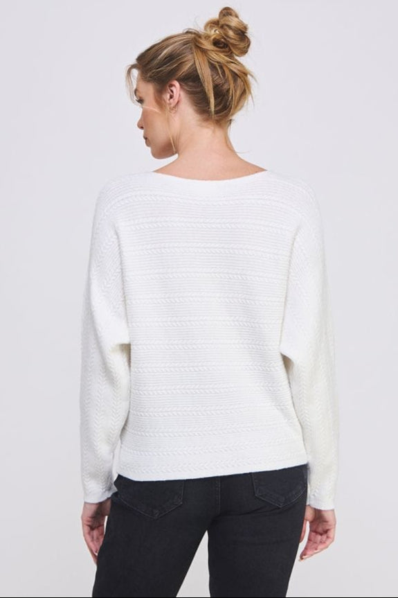 Allie Rose Soft Fine Gauge Dolman Pullover Sweater with Horizontal Cable Knit Rib Detail
