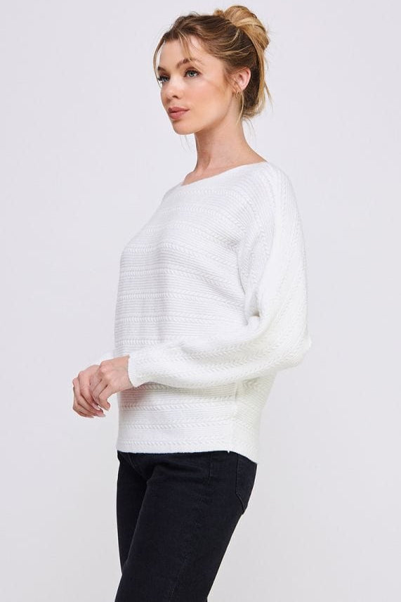 Allie Rose Soft Fine Gauge Dolman Pullover Sweater with Horizontal Cable Knit Rib Detail