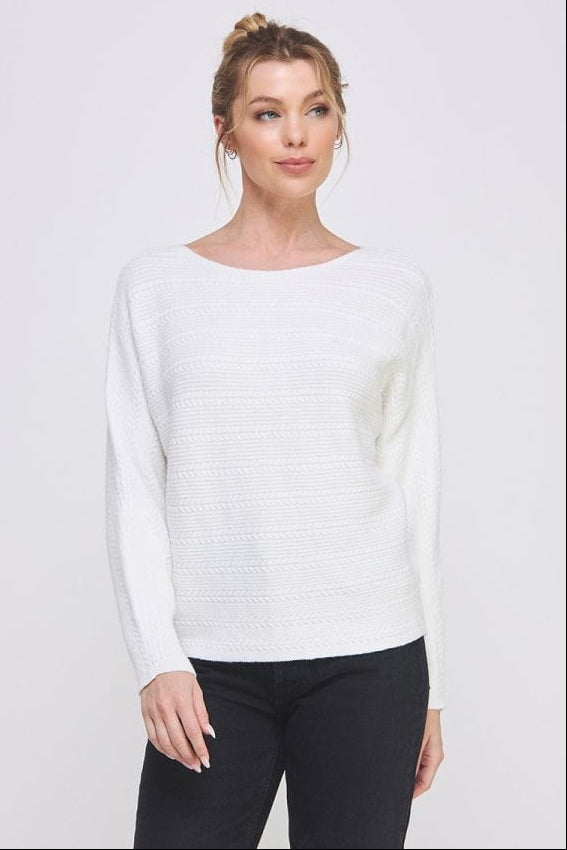 Allie Rose Soft Fine Gauge Dolman Pullover Sweater with Horizontal Cable Knit Rib Detail