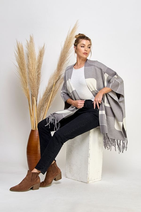 Allie Rose Soft Fine Gauge Geometric Print Double Strand Fringed Poncho