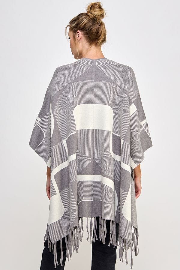Allie Rose Soft Fine Gauge Geometric Print Double Strand Fringed Poncho