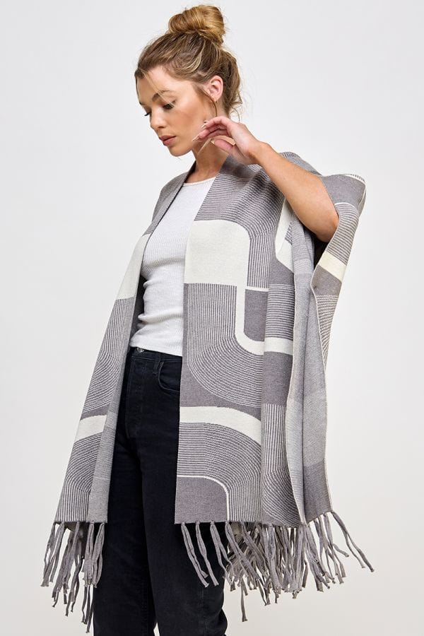 Allie Rose Soft Fine Gauge Geometric Print Double Strand Fringed Poncho