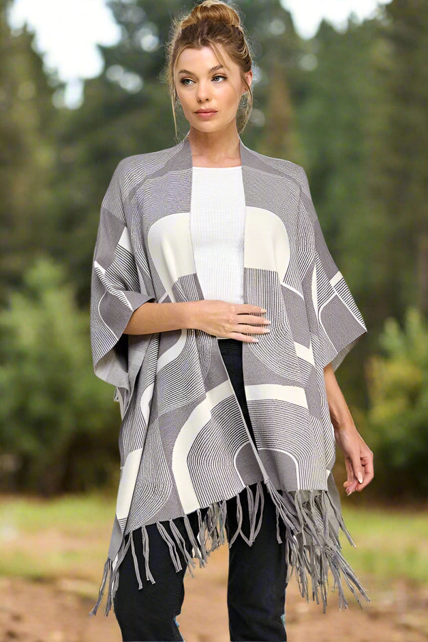 Allie Rose Soft Fine Gauge Geometric Print Double Strand Fringed Poncho
