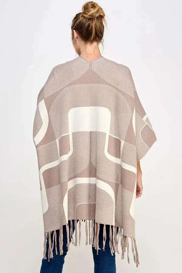 Allie Rose Soft Fine Gauge Geometric Print Double Strand Fringed Poncho
