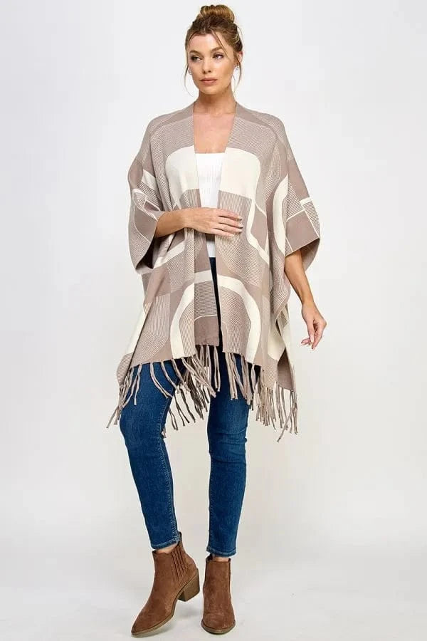 Allie Rose Soft Fine Gauge Geometric Print Double Strand Fringed Poncho