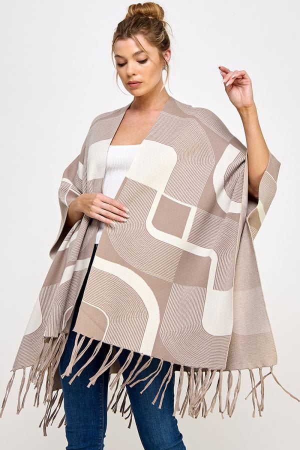 Allie Rose Soft Fine Gauge Geometric Print Double Strand Fringed Poncho