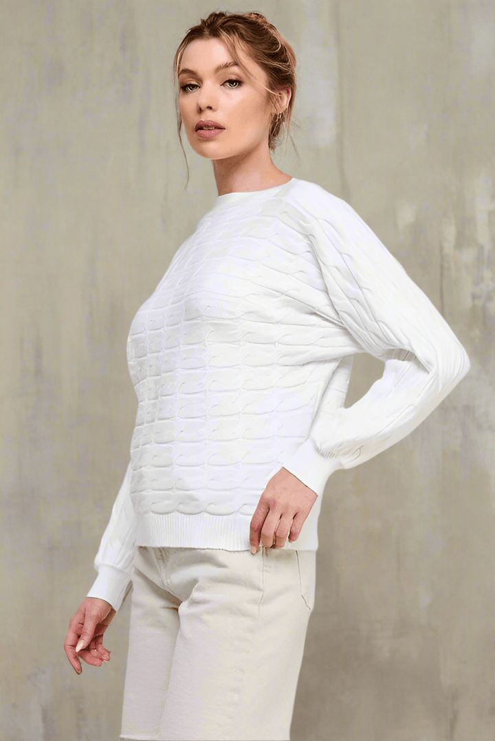 Allie Rose Soft Long Sleeve Dolman Fine Gauge in Horizontal Cable Knit Pattern