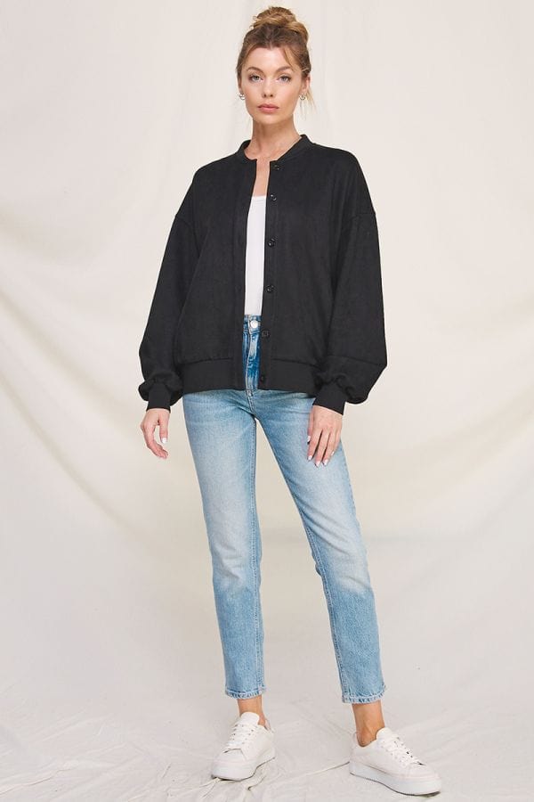 Allie Rose Soft Micro-Suede Button Front Bomber Jacket