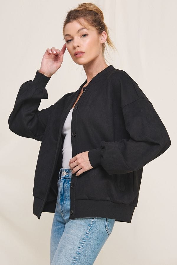 Allie Rose Soft Micro-Suede Button Front Bomber Jacket