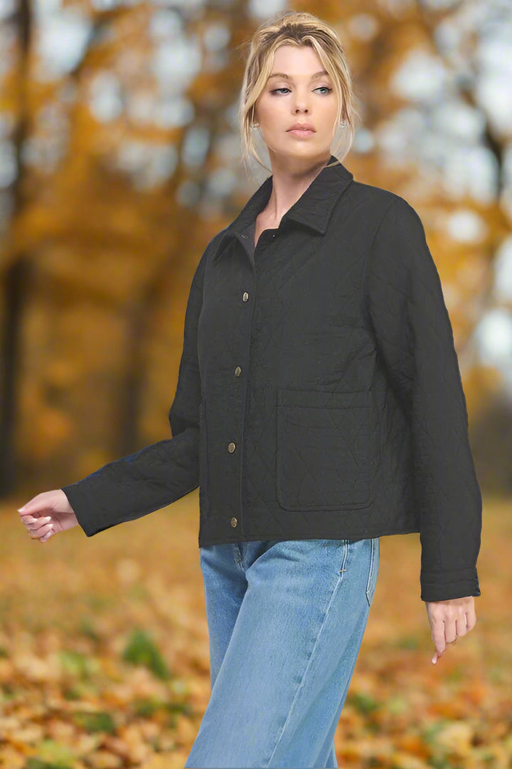 Allie Rose Texture Fabric Quilted Button Up Collared Jacket with Front Pockets